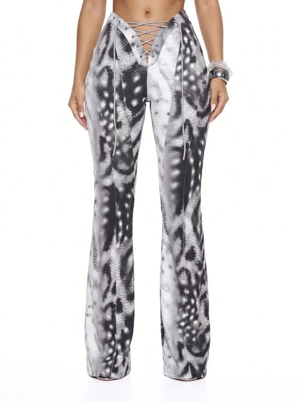 Black Casual Women's Mixed Print Tie Front Flared Low Waist Skinny Jeans